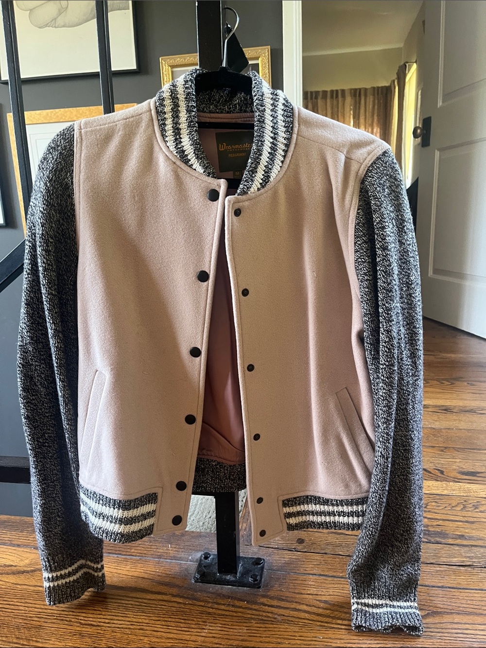 Pink and Gray Mixed-Media Bomber Jacket
